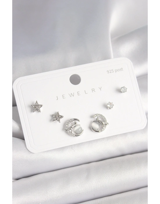 ® 925 Ayar Gümüş Çivi Zirkon Taşlı Hilal Yıldız Model Kadın Küpe Seti