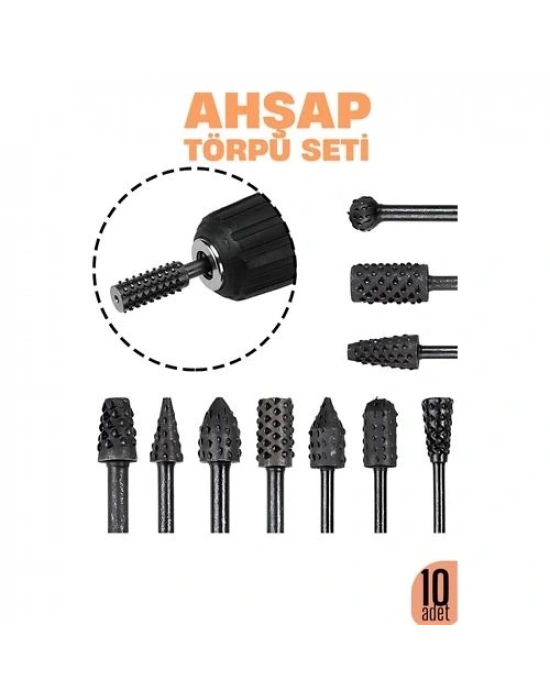 ® Ahşap Oyma Törpü Seti – 10lu Matkap Ucuna Şekillendirme Takımı