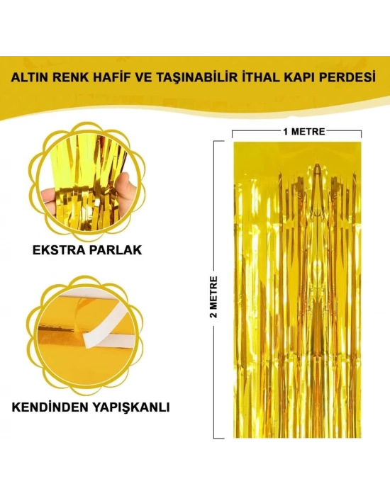 Altın Gold Renk Ekstra Metalize Parlak Saçaklı Arka Fon Perde İthal  1x2 Metre