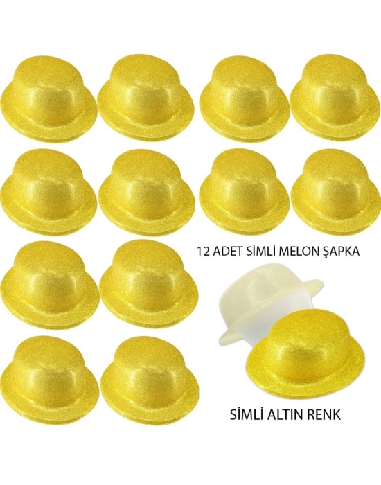 Altın Renk Simli Melon Yuvarlak Parti Şapkası 12 Adet