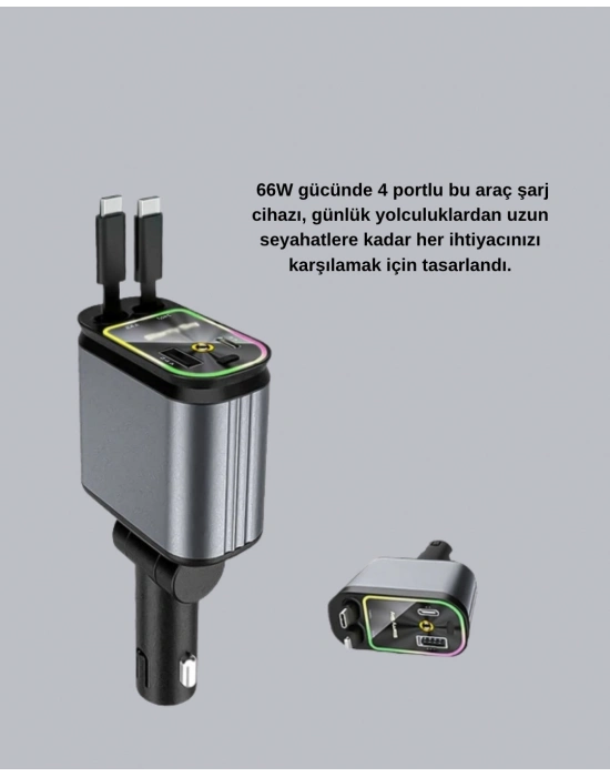 ® Araç Şarj Cihazı 4 Portlu 66W Hızlı Şarjlı LED Işıklı ve 180° Dönebilir