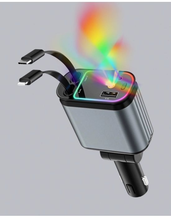 ® Araç Şarj Cihazı 4 Portlu 66W Hızlı Şarjlı LED Işıklı ve 180° Dönebilir