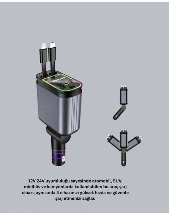 ® Araç Şarj Cihazı 4 Portlu 66W Hızlı Şarjlı LED Işıklı ve 180° Dönebilir