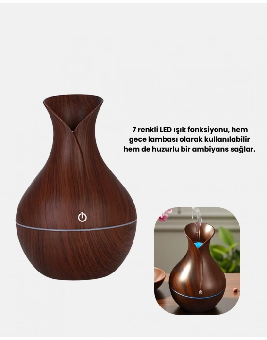 ® Aromaterapi Difüzör Ahşap Desenli ve Ultrasonik Nemlendirici LED Işıklı