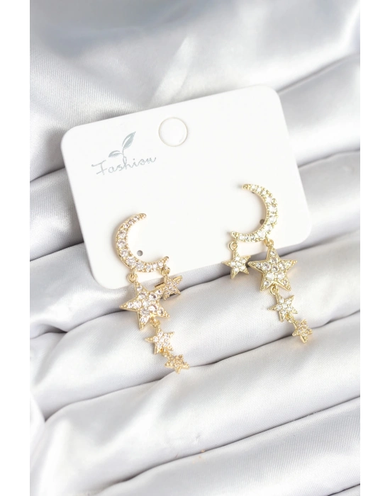 ® Ay ve Yıldız Model Gold Renk Pirinç Kadın Küpe