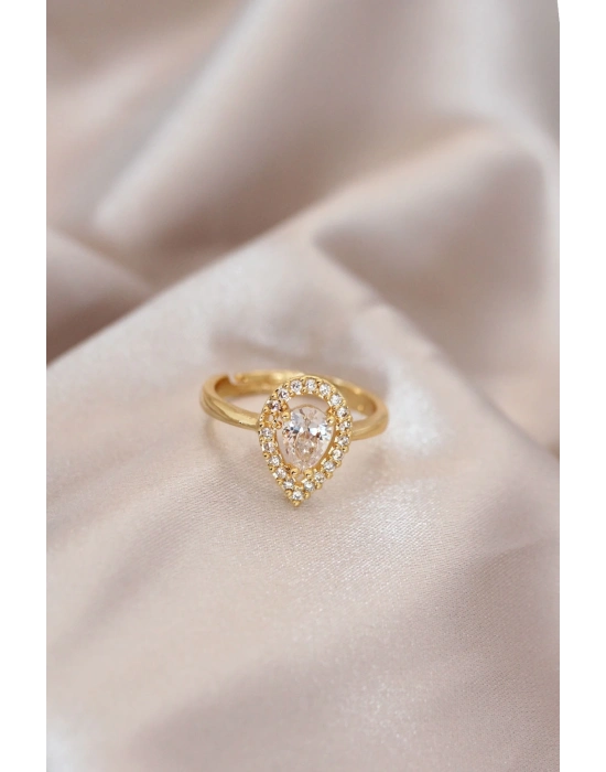 ® Ayarlamalı Gold Renk Metal Zirkon Taşlı Damla Model Yüzük