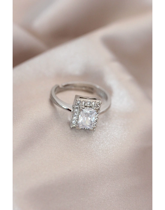 ® Ayarlamalı Silver Renk Metal Zirkon ve Kristal Taşlı Dikdörtgen Model Yüzük