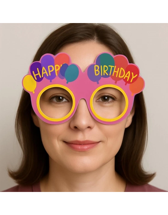Balon Desenli Karton Doğum Günü Gözlükleri 6 Adet Pembe Renk
