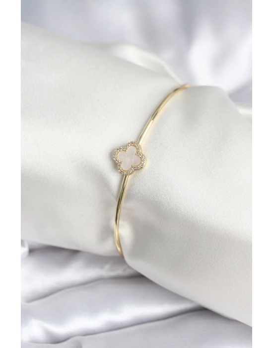 ® Beyaz Sedefli Yonca Model Gold Renk Kadın Bileklik