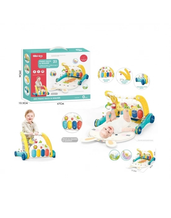 ® BIB6015 -Piyanolu 2 in 1 Bebek Yürüteci ve Tavşan Desenli Mavi Oyun Halısı