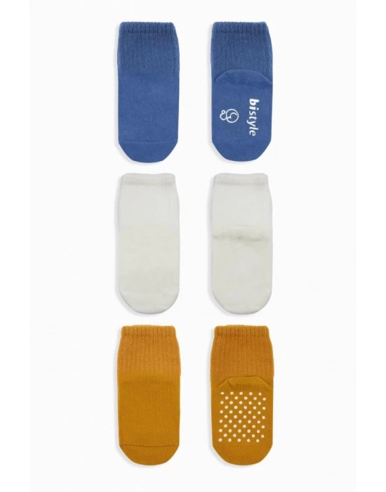 ®   3Lü Basic Kaymaz Penye Soket Çorap 10107 İndigo Ekru Hardal