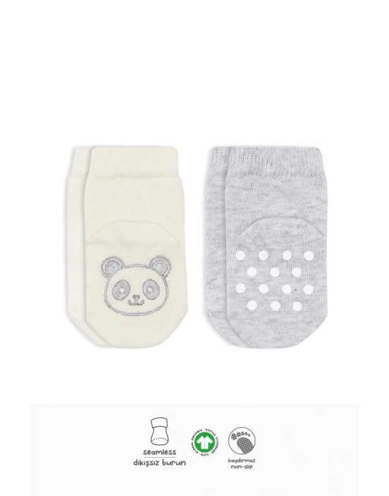 ®   2Li Hayvan Figürlü Kaymaz Soket Çorap 10104 Gri Ekru