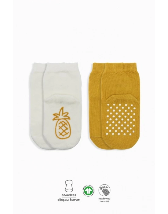 ®   2Li Meyve Figürlü Kaymaz Soket Çorap 10105 Ekru Hardal