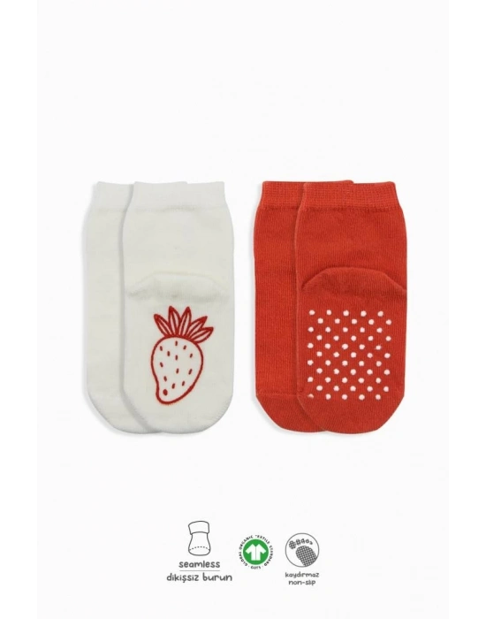 ®   2Li Meyve Figürlü Kaymaz Soket Çorap 10105 Kırmızı Ekru