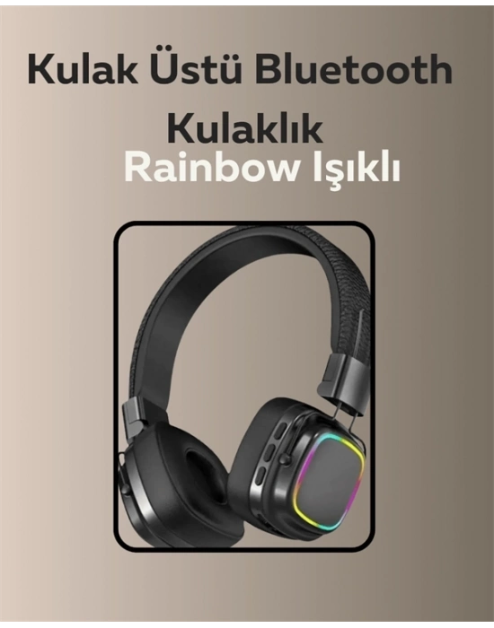 ® Bluetooth 5.3 Rainbow Işıklı Kulak Üstü Kablosuz Kulaklık