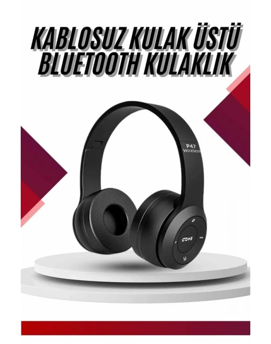 ® Bluetooth Kablosuz Kulaklık Siyah Wireless 5.0 Kulak Üstü Uzun Pil Ömrü