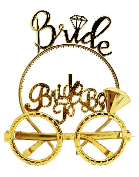 Bride Yazılı Taç ve Bride To Be Yazılı Gözlü Seti Altın Renk