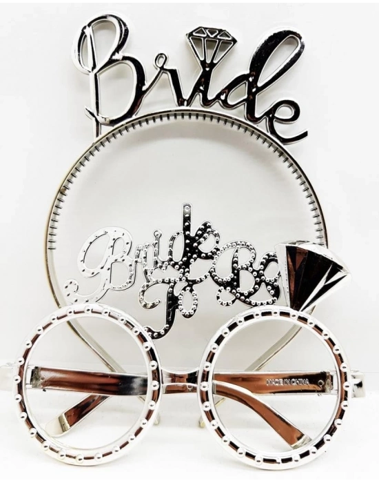 Bride Yazılı Taç ve Bride To Be Yazılı Gözlü  Seti Gümüş Renk