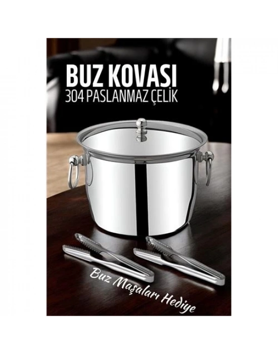 ® Buz Kovası 304 Paslanmaz Çelik ve Buz Maşası Seti Buz Termosu