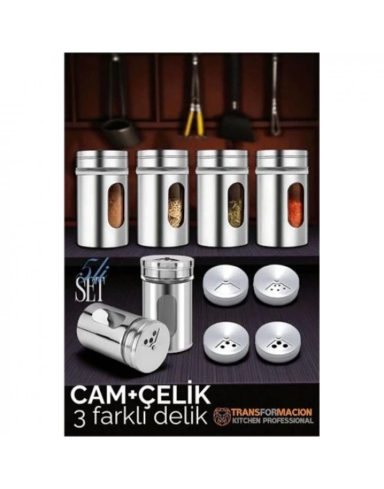 ® Cam+Çelik Tuzluk Biberlik Karabiberlik 3 Farklı Delikli 5 li SET