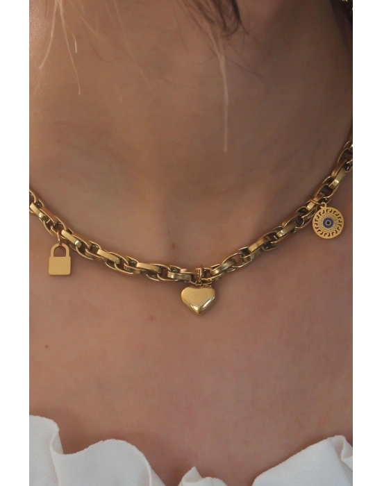 ® Çelik Gold Renk Kalın Zincir Model Kalp Figür Kadın Kolye