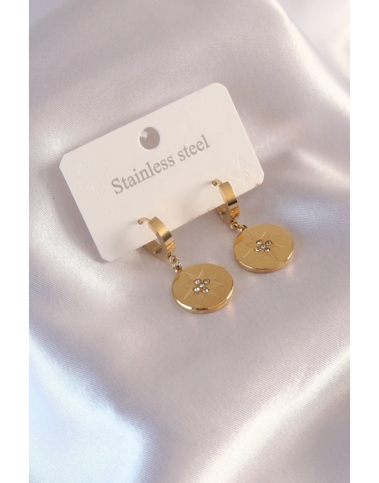 ® Çelik Gold Renk Kutup Yıldızı İşleme Zirkon Taşlı Kadın Küpe