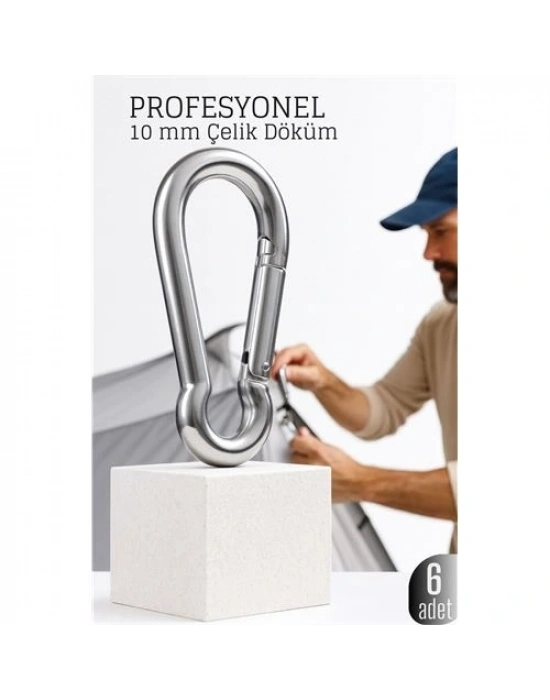 ® Çelik Yan Açılır 6 LI Karabina -10 mm Kamp, Tırmanış ve Günlük Kullanım İçin Güvenli Kilit