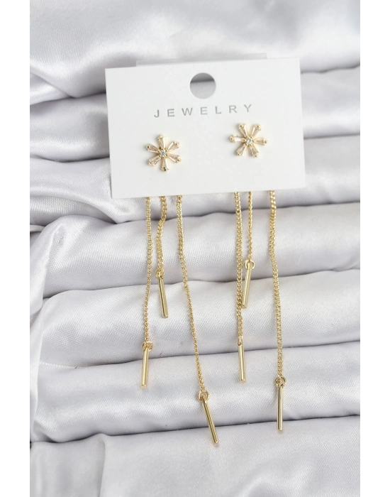 ® Çiçek Model Gold Pirinç Sallantılı Kadın Küpe