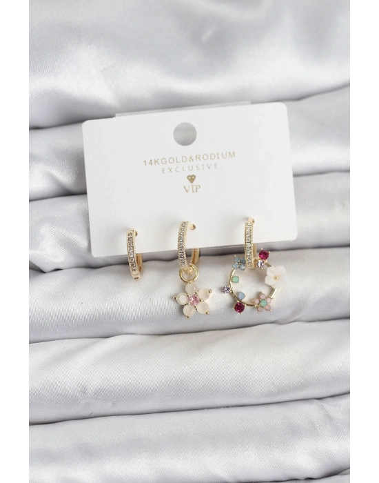 ® Çiçek Model Gold Renk Pirinç 3lü Kadın Küpe Seti