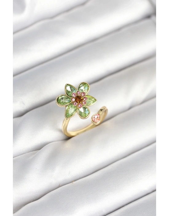 ® Çiçek Model Yeşil Pirinç Gold Renk Yüzük