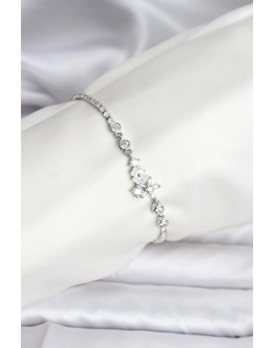 ® Çiçekli Model Zirkon Taşlı Gümüş Renk Su Yolu Kadın Bileklik