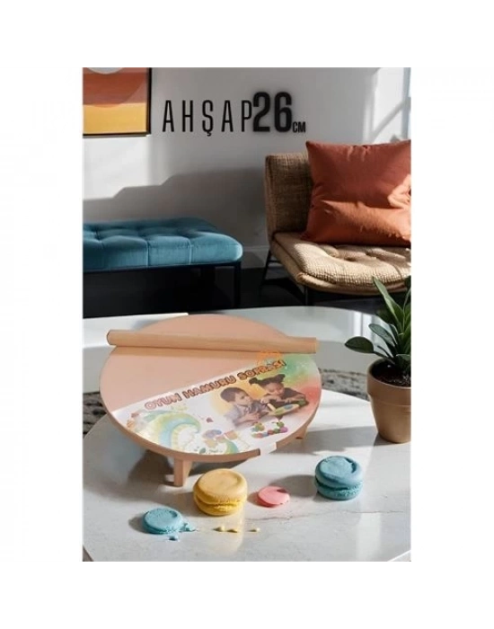 ® Çocuk 26 cm Ahşap Hamur Açma Masası Mini Oklava ile Oyun Hamuru Tahtası