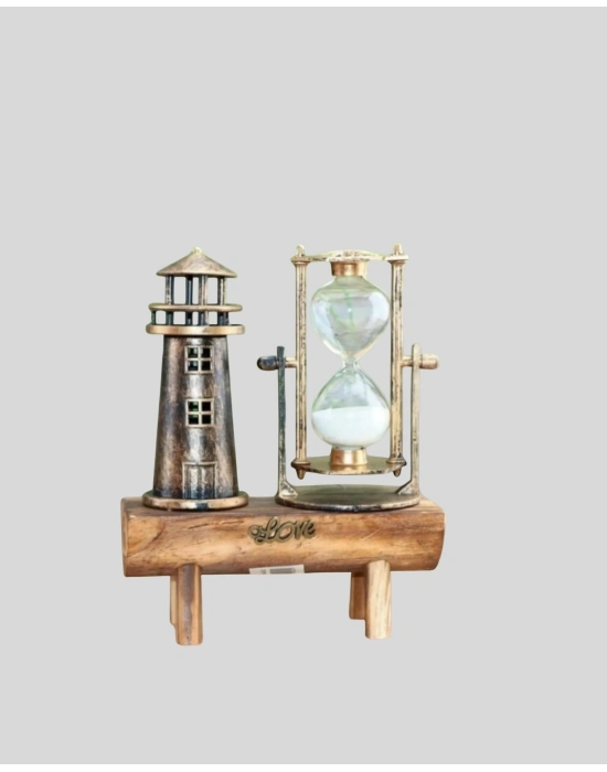 ® Dekoratif Ahşap Kum Saati ve Deniz Feneri Figürlü Masa Süsü – Şık ve Fonksiyonel Tasarım