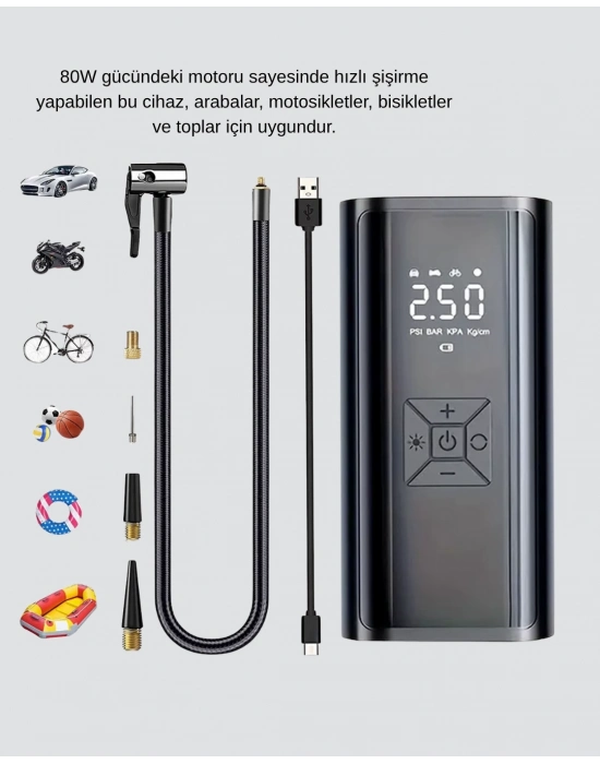 ® Dijital Ekranlı Kablosuz Hava Pompası LED Işıklı 12V 80W