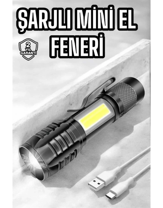 ® El Feneri Led USB Şarjlı Zoom Mini Led Işık Acil Durum Feneri