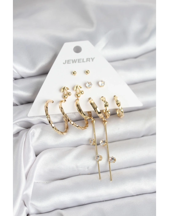 ® Gold Renk 6 Çift Pirinç Kadın Küpe Seti