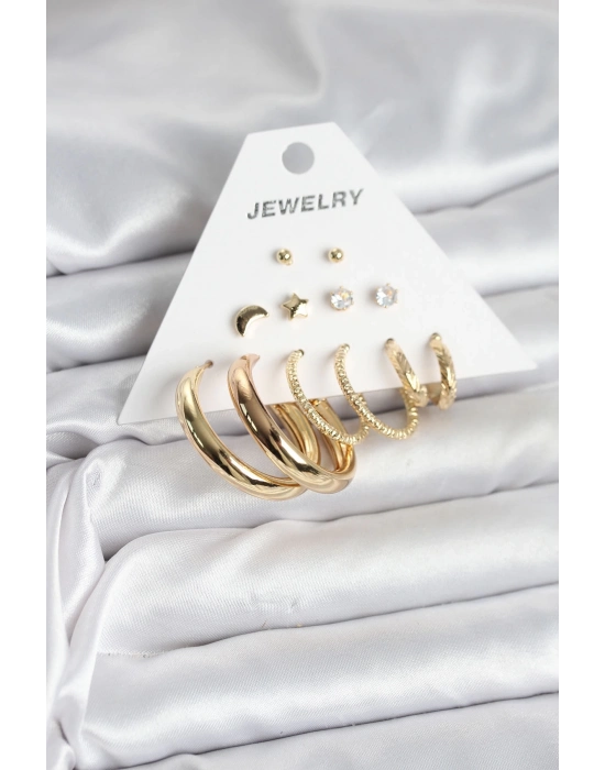 ® Gold Renk 6 Çiftli Pirinç Kadın Küpe Seti