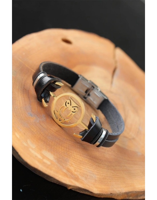 ® Gold Renk Baykuşlu Metal Aksesuarlı Siyah Renk Deri Erkek Bileklik