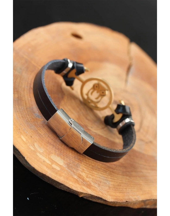 ® Gold Renk Baykuşlu Metal Aksesuarlı Siyah Renk Deri Erkek Bileklik
