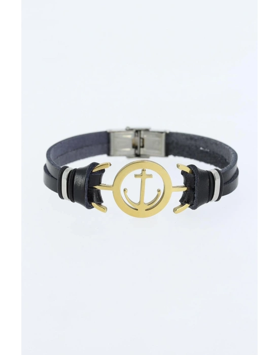 ® Gold Renk Deniz Çapası Figürlü Metal Aksesuarlı Siyah Renk Deri Erkek Bileklik