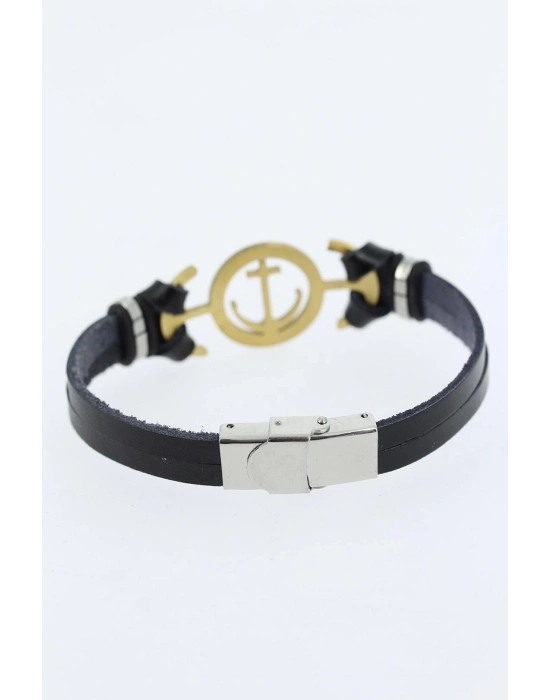 ® Gold Renk Deniz Çapası Figürlü Metal Aksesuarlı Siyah Renk Deri Erkek Bileklik