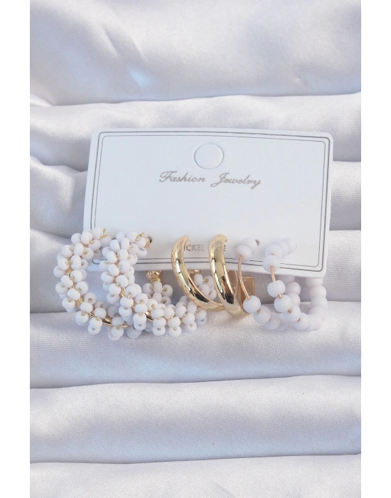 ® Gold Renk Lila Boncuklu Halka Küpe Seti