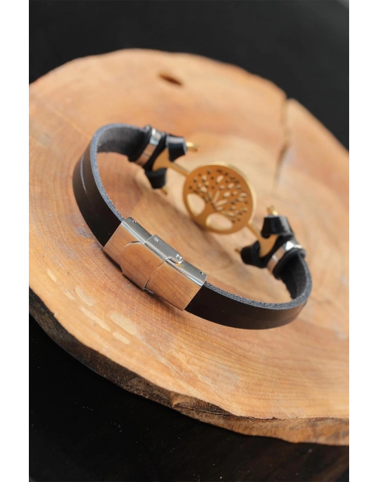 ® Gold Renk Metal Ağaçlı Tasarım Siyah Renk Deri Erkek Bileklik