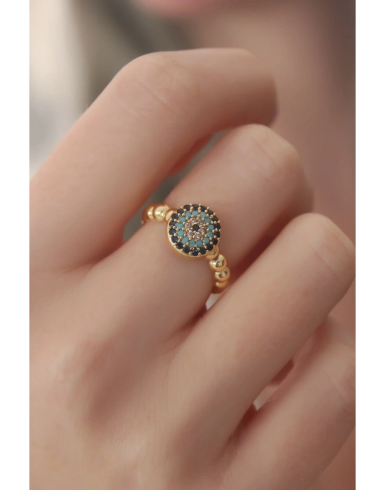 ® Gold Renk Nazar Boncuk Figür Zirkon Taş Detay Kadın Yüzük