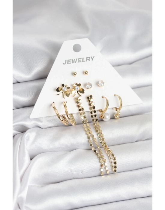® Gold Renk Pirinç 6lı Kadın Küpe Seti
