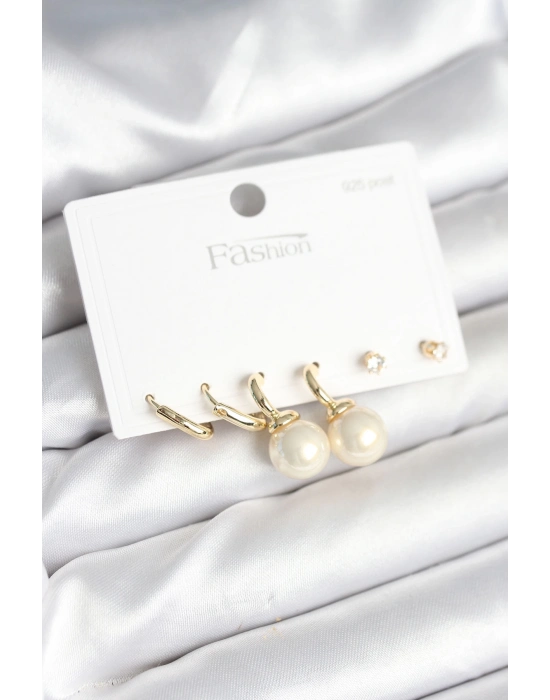 ® Gold Renk Pirinç 925 Ayar Gümüş Çivili Kadın Küpe Seti