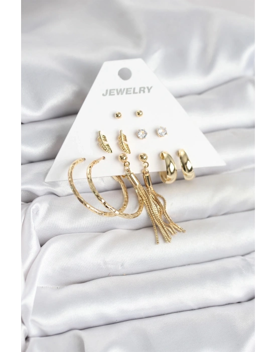 ® Gold Renk Pirinç Kadın 6 Çift Küpe Seti