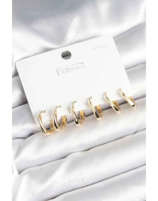 ® Gold Renk Pirinç Kare Halka Model 925 Ayar Gümüş Çivili Kadın Küpe Seti