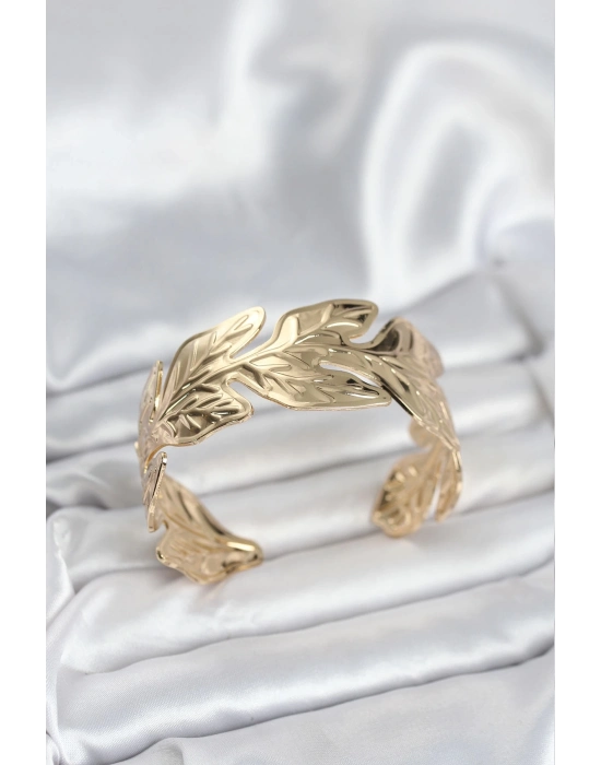 ® Gold Renk Pirinç Levha Yaprak Model Kadın Bileklik