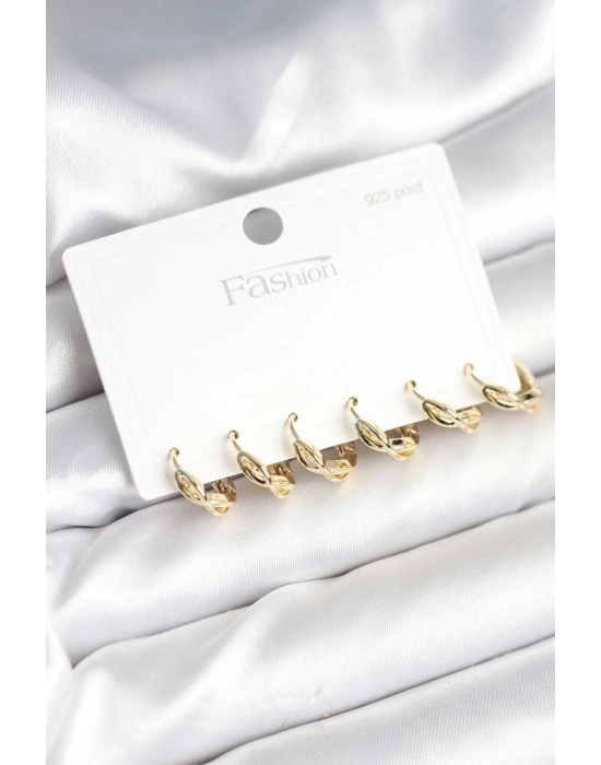 ® Gold Renk Pirinç Sarmal Model 925 Ayar Gümüş Çivili Kadın Küpe Seti